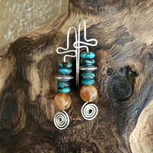 Amber Turquoise Sterling Silver Wire Wrap Earrings